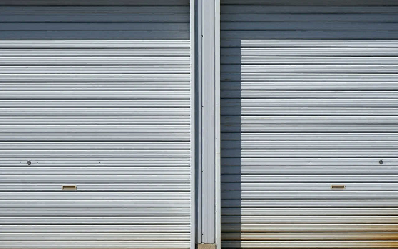 Two closed commercial roll-up steel doors