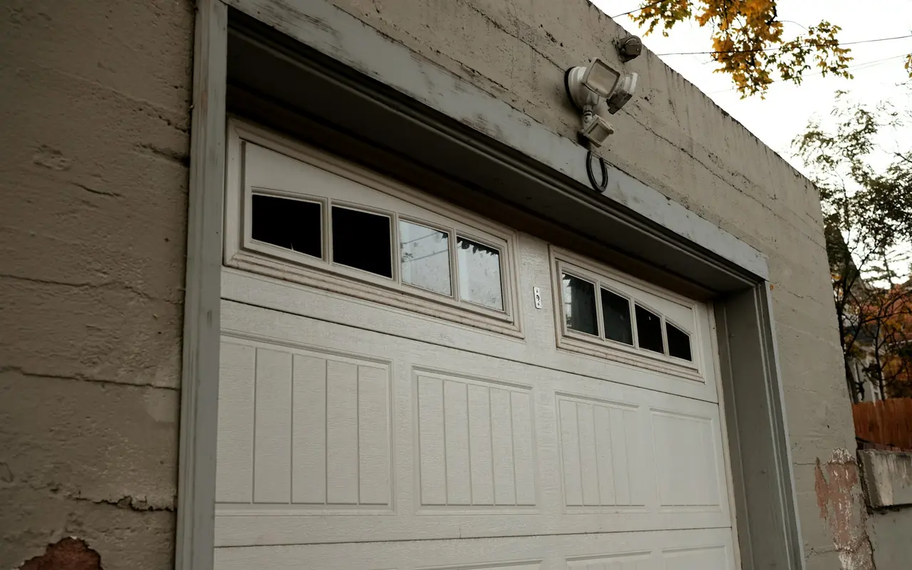 Close-up of a white raised-panel sectional garage door with window lites