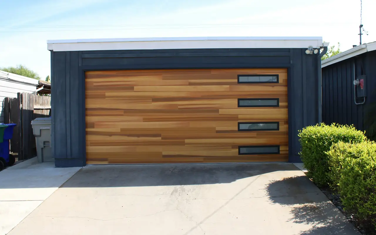 Contemporary wood-look garage door with horizontal window lites